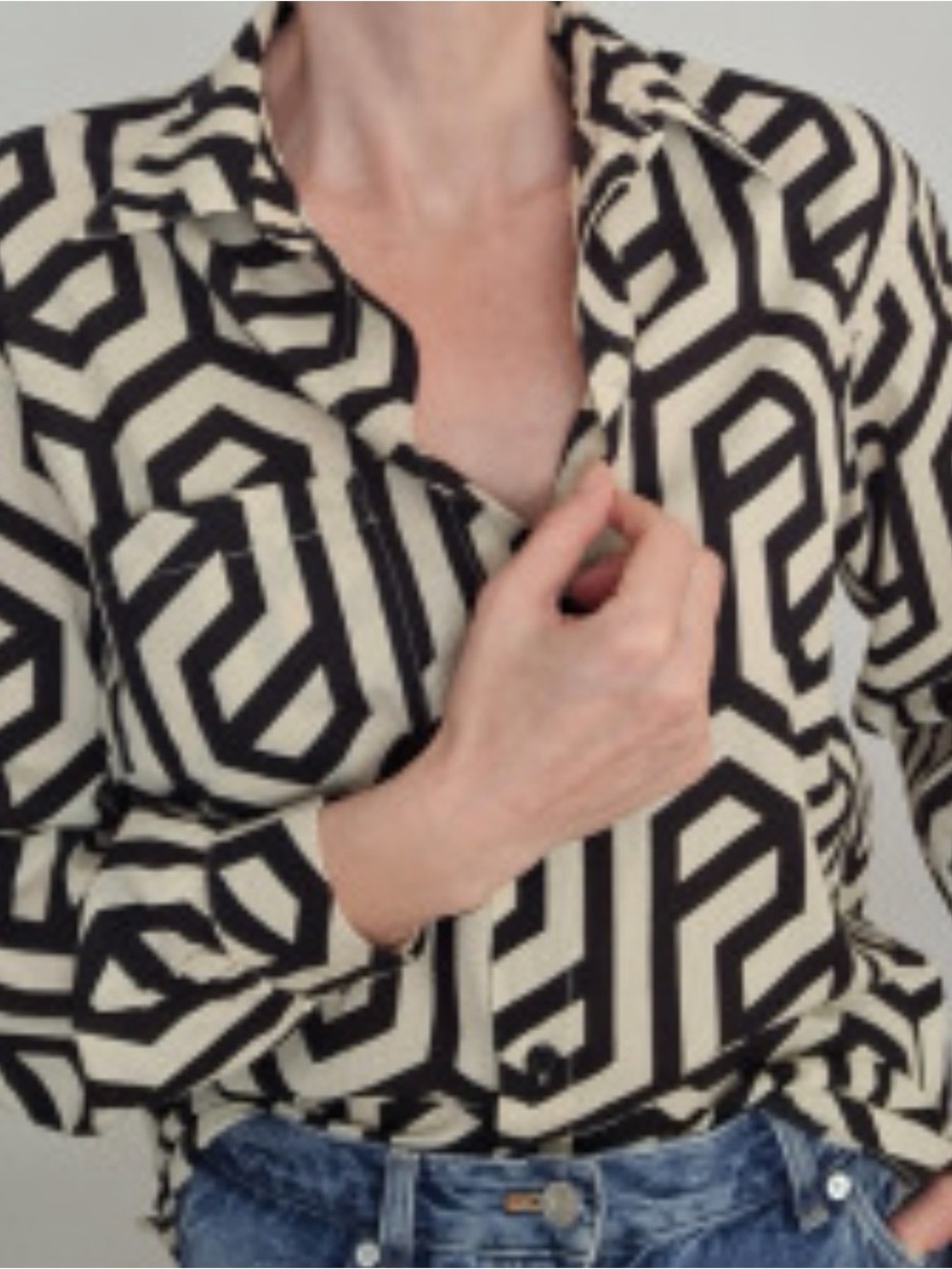 ZARA Geometric Print Button Down Shirt featuring a bold black and cream hexagons